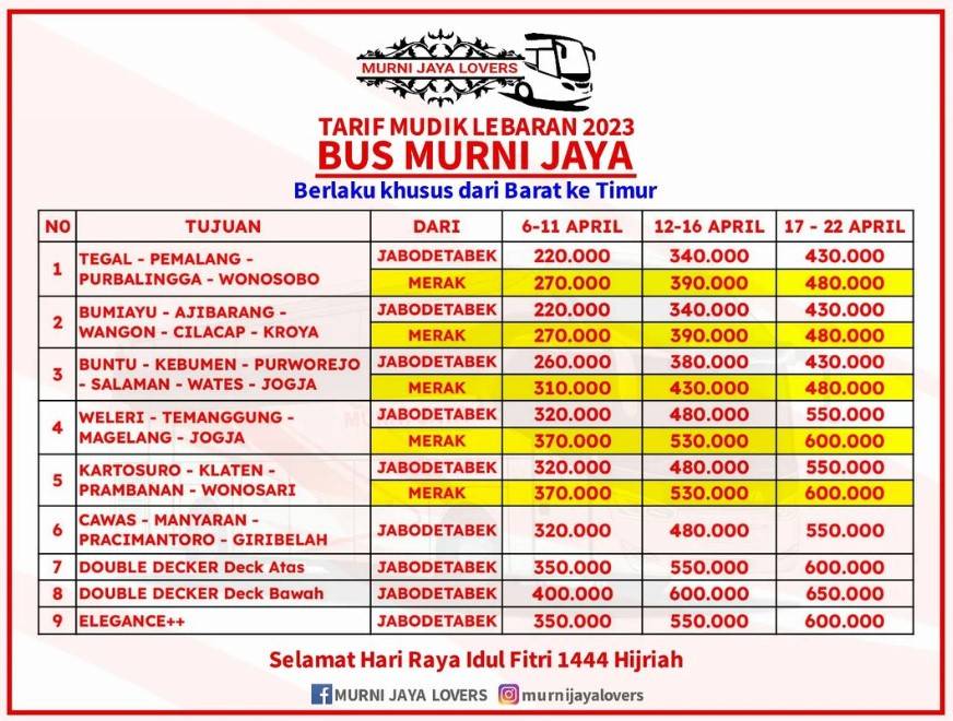 tarif bus lebaran 2023